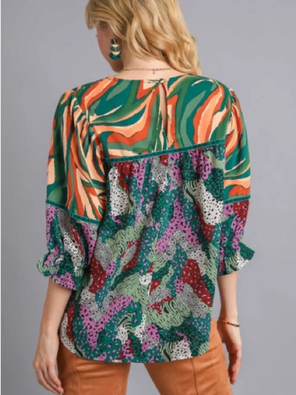 UMGEE Mixed Printed Green Multi-Color Blouse With Velvet Details Size M - Picture 2 of 11